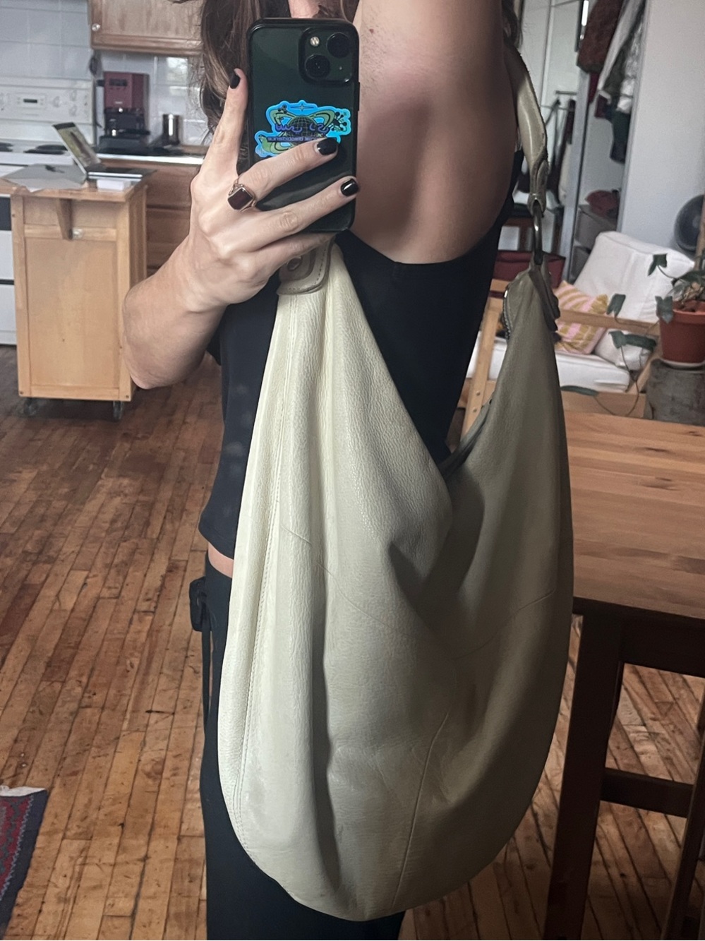 Cream Leather Hobo Shoulder Bag